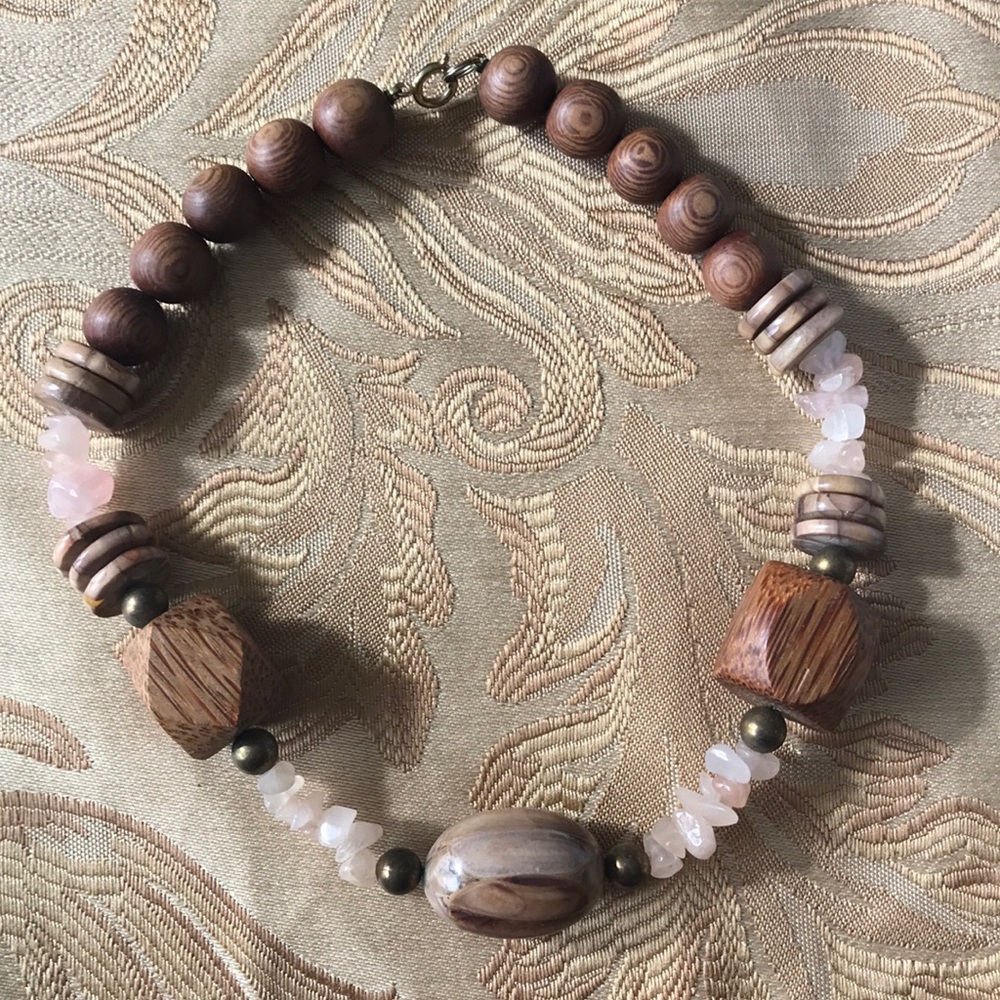 Pink and wooden bead necklace